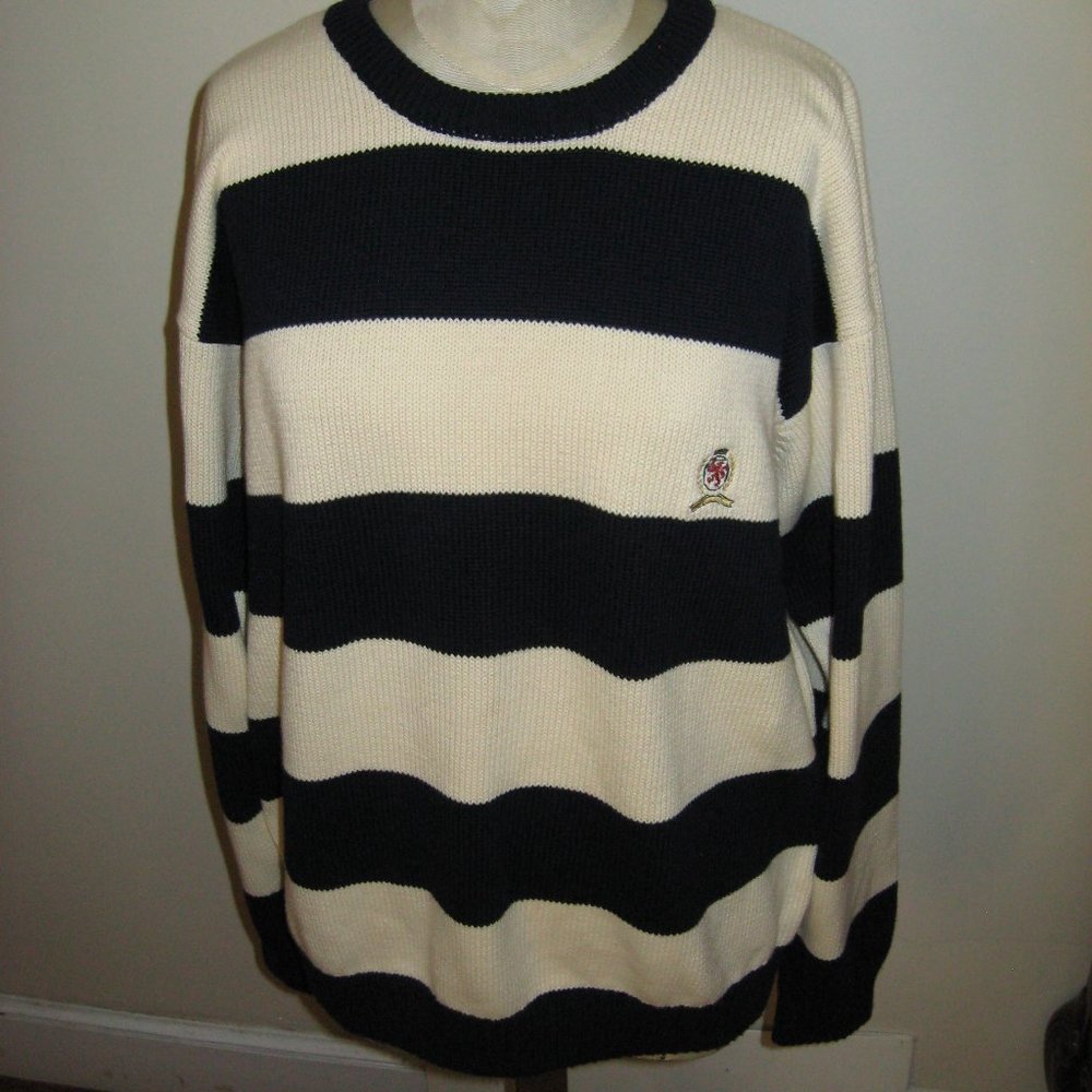 NWT Tommy Hilfiger 100% cotton  nautical black white striped sweater